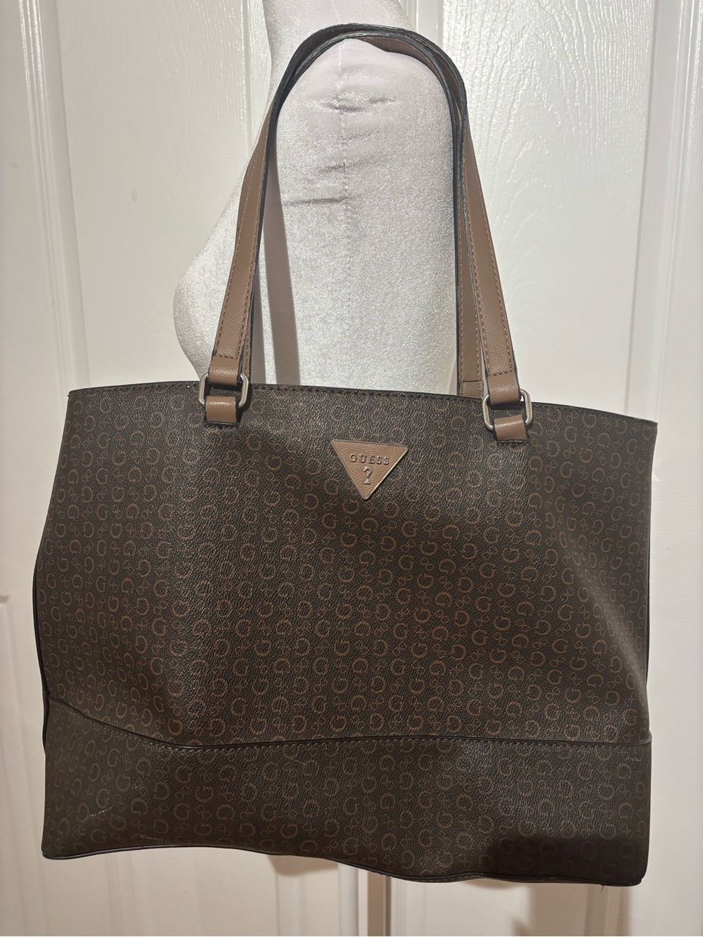GUESS Brown Monogram Tote with Tan Handles